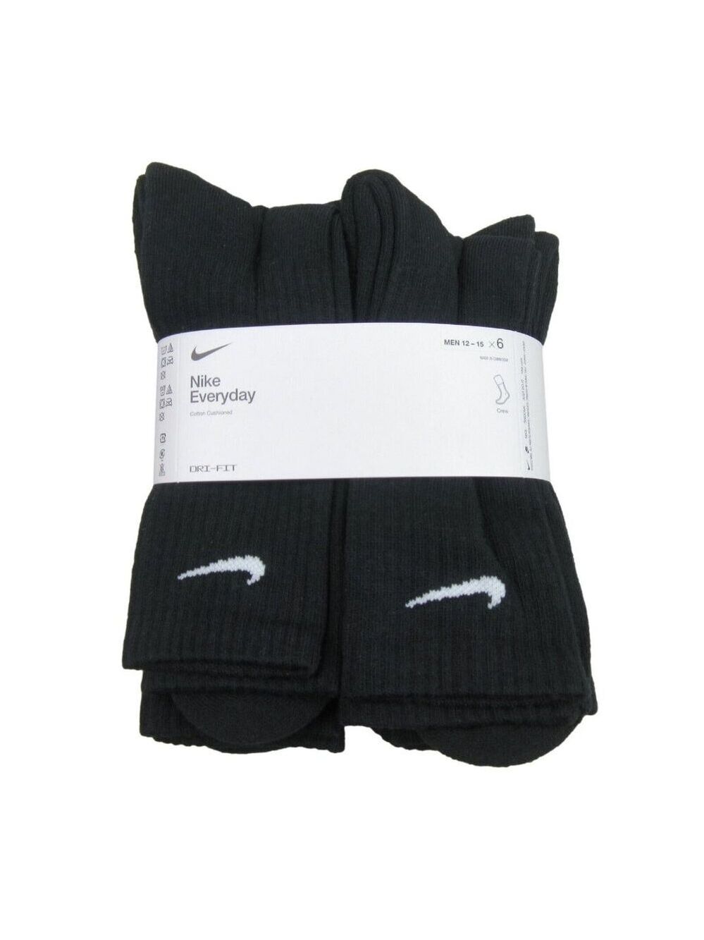 Nike Everyday Cushioned Crew Socks Mens Size 12-15 Black (6 Pack) NEW